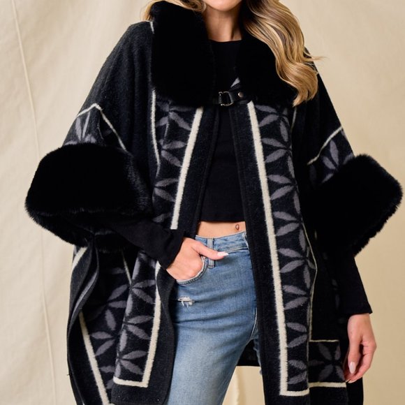 new ON BLUE DESIGNER TRIBAL PONCH JACKET WRAP COAT faux fur hooded STUNNING S-2X - Picture 1 of 9